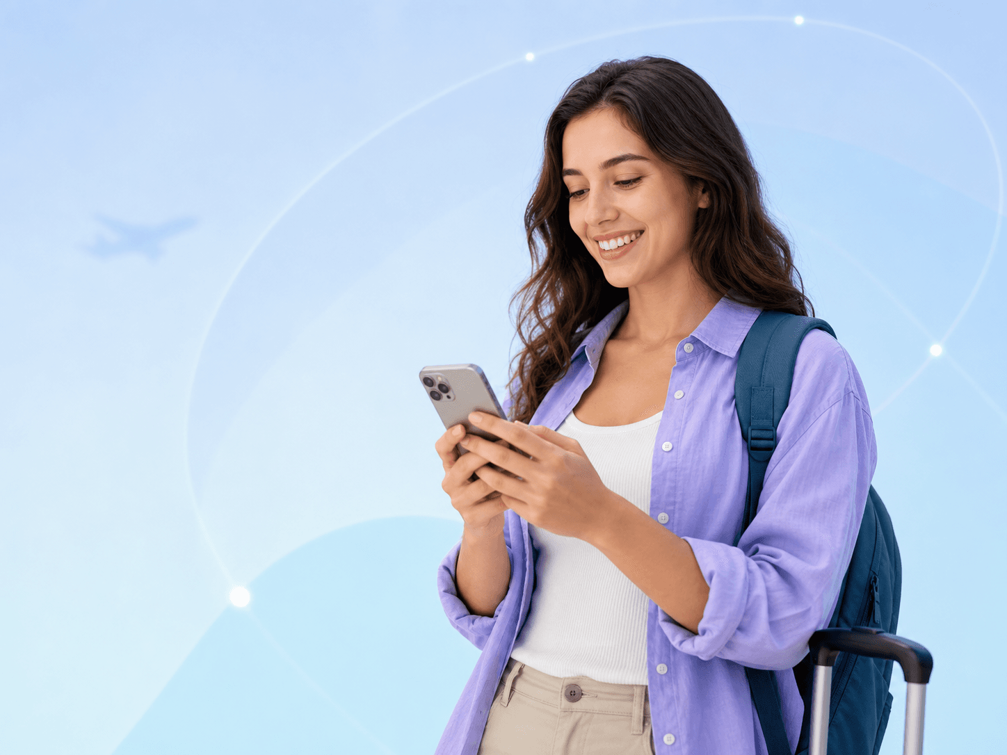 Traveler using a smartphone with an active travel eSIM